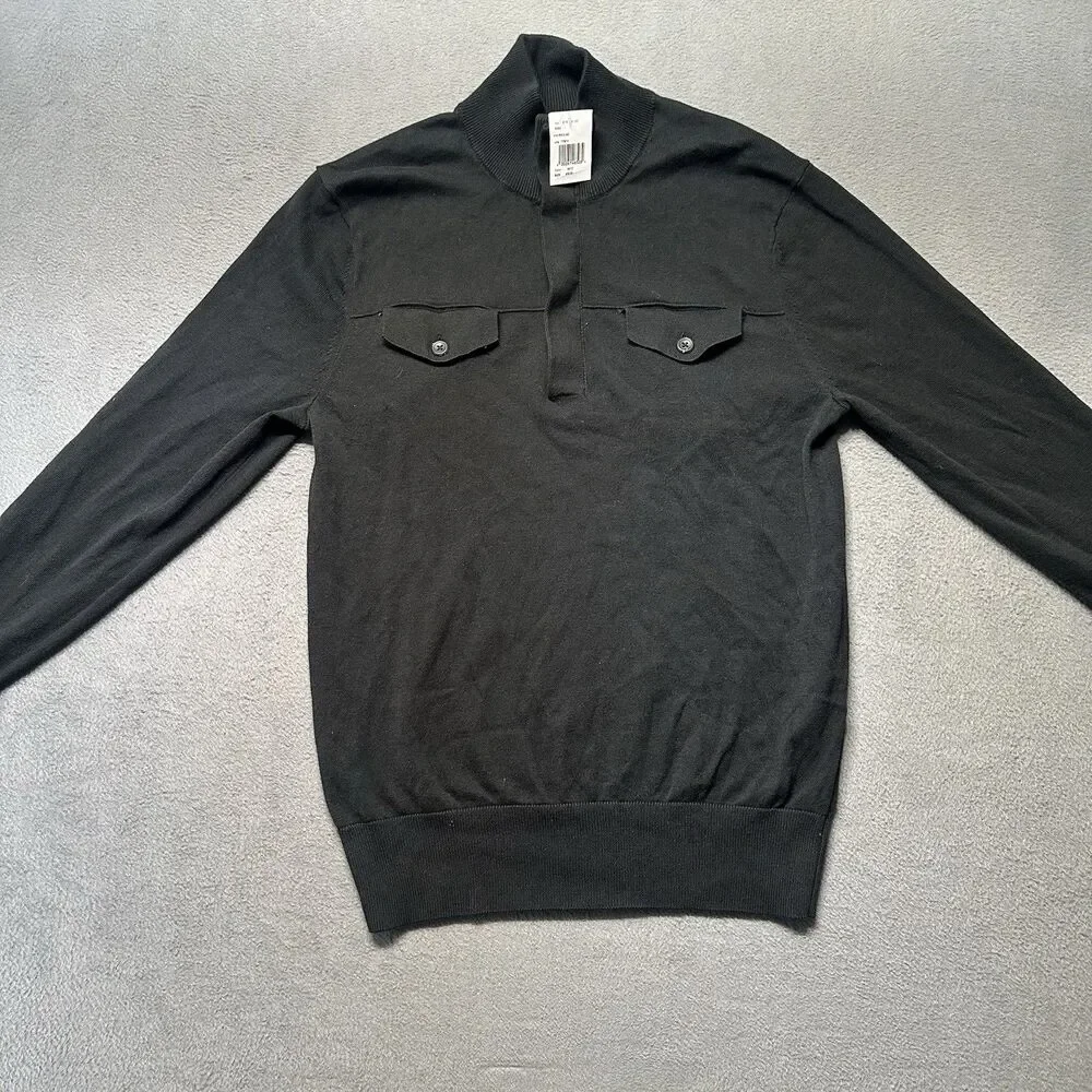 Banana Republic Mens Small Quarter Zip Sweater Black Cotton Chest Pocket NWT